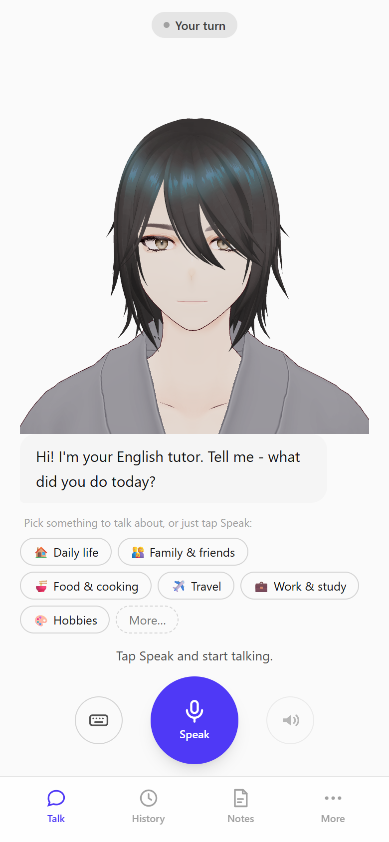 Andrew, a male 3D tutor, greeting the learner with topic suggestions