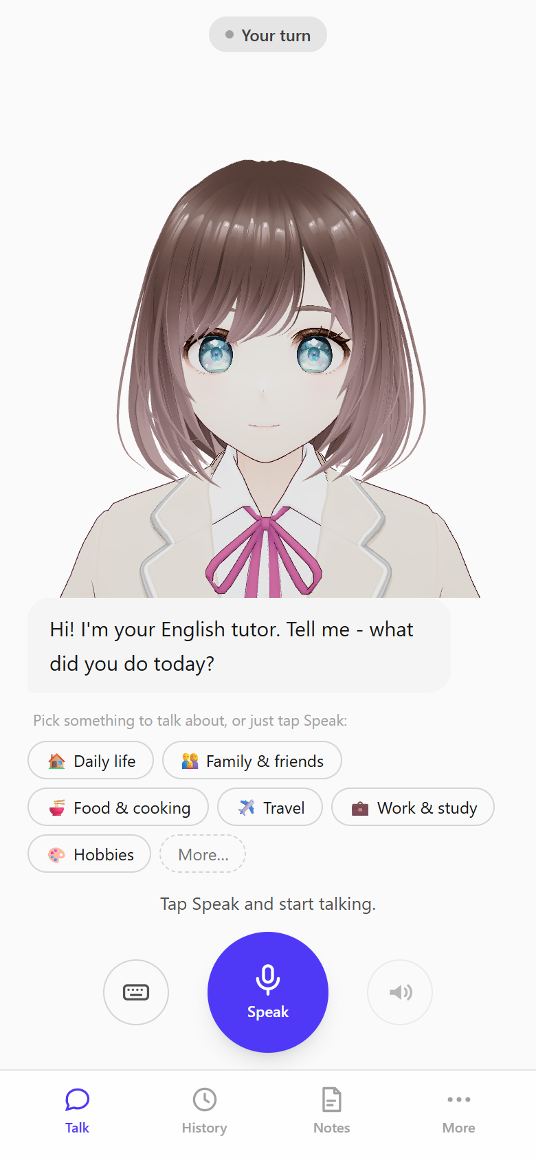 Natasha, an Australian-English 3D tutor, on the conversation screen