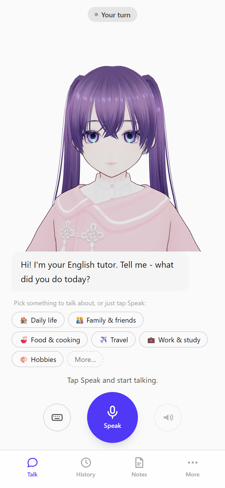 Sonia, a British-English 3D tutor, on the conversation screen