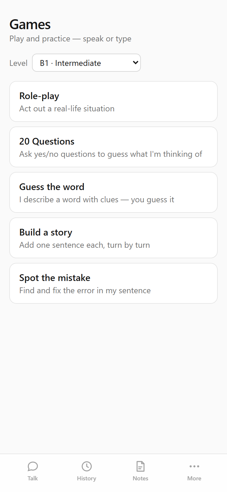Games menu with five conversational games