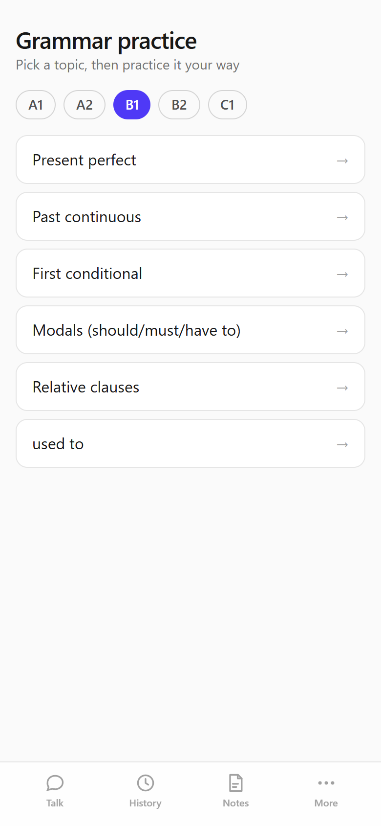 Grammar practice topic list filtered to level B1