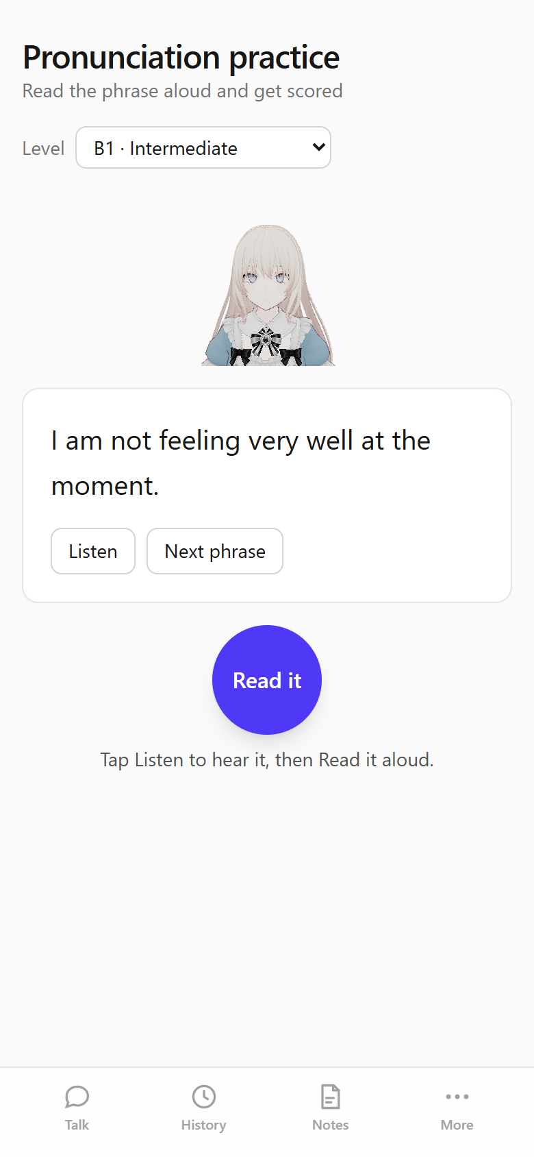 Pronunciation practice screen with a phrase to read aloud